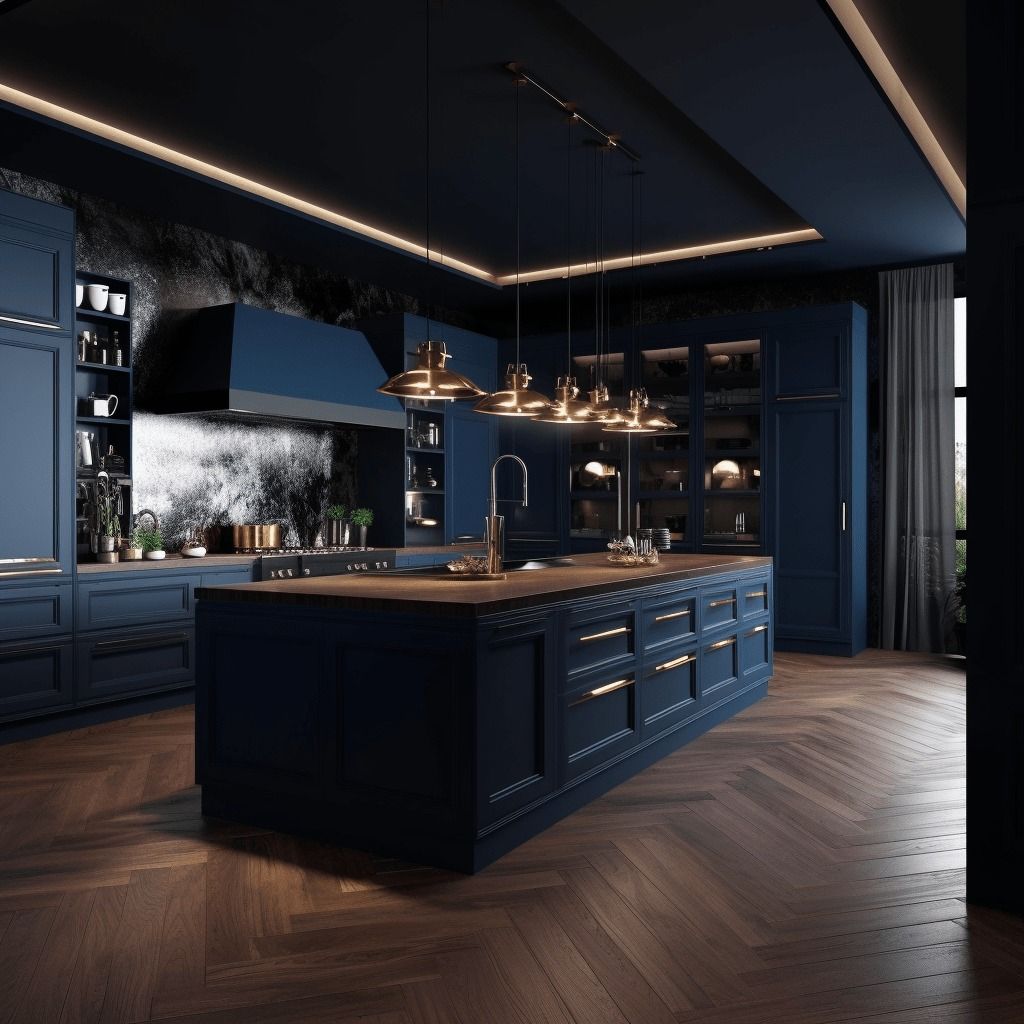 Deep indigo kitchen with brass details and marble worktops