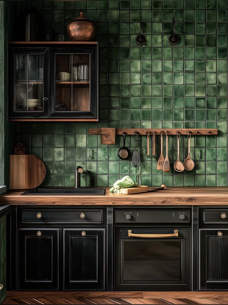 Dark timber kitchen with emerald green tile and copper accents