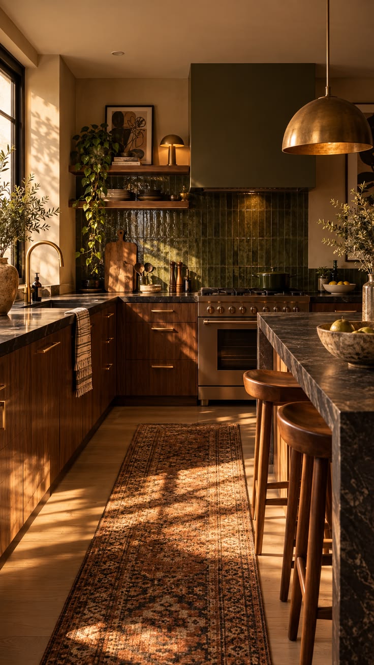 Dark timber kitchen with warm golden lighting